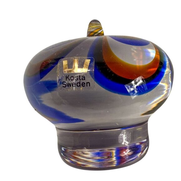 Kosta Boda Blue Swirl Art Glass Warff Jewel Paperweight Sweden Signed - Picture 2 of 5